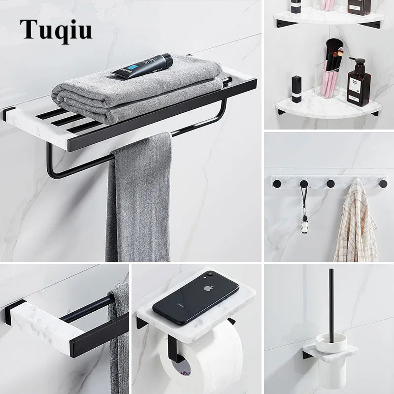 Bathroom Accessories Set Black Bathroom Shelf,Towel Rack,Towel Hanger Paper holder,Toilet Brush Holder Marble & Brass