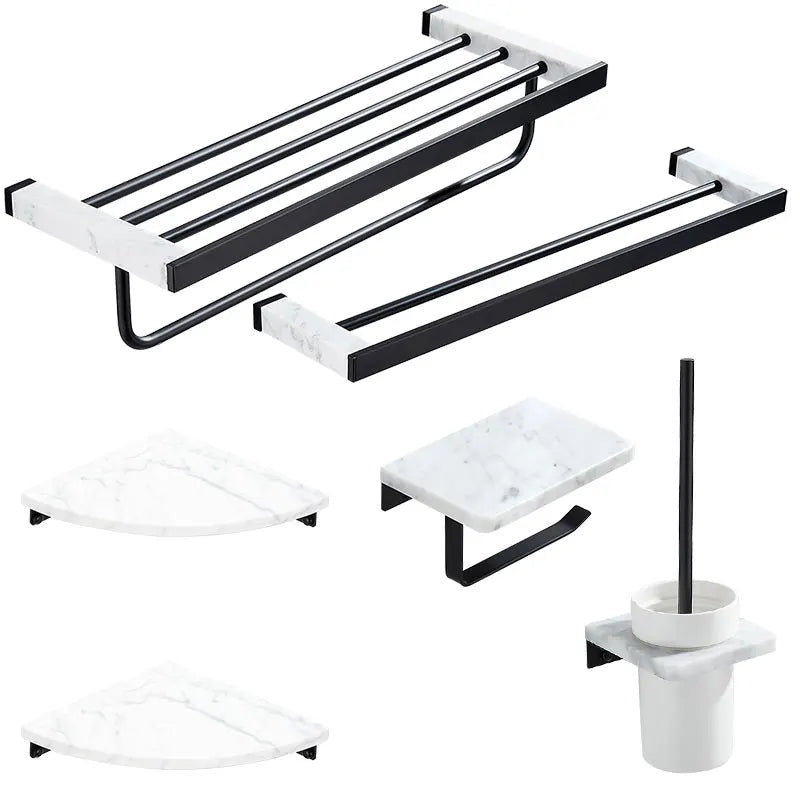 Bathroom Accessories Set Black Bathroom Shelf,Towel Rack,Towel Hanger Paper holder,Toilet Brush Holder Marble & Brass