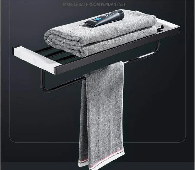 Bathroom Accessories Set Black Bathroom Shelf,Towel Rack,Towel Hanger Paper holder,Toilet Brush Holder Marble & Brass