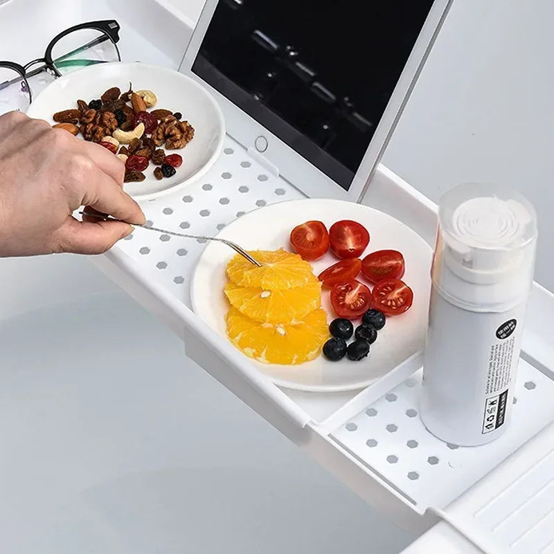 Multi-Function Bathtub Accessories: Retractable Bath Shelf, Tub Storage Rack, Towel Organizer for Bathroom