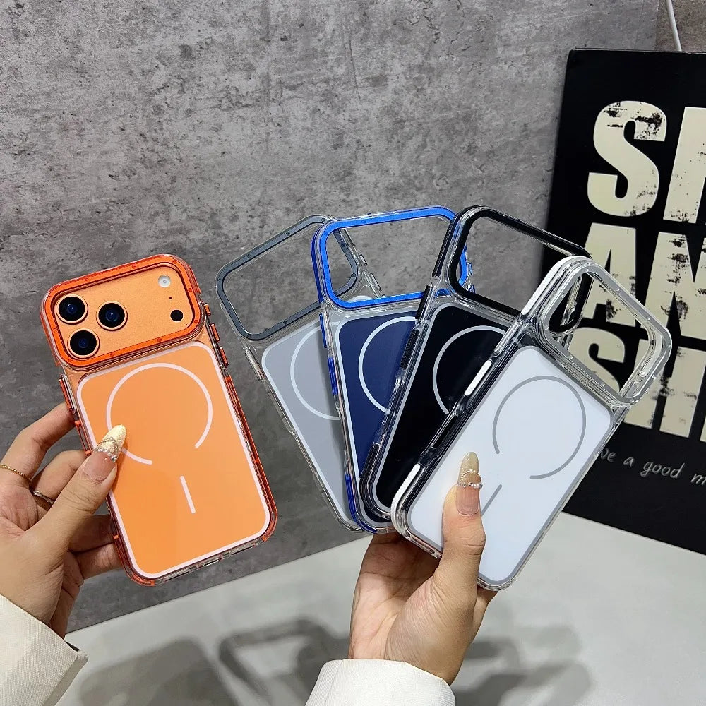 Luxury Two Tone Border Transparent Strong Magnetic Case for IPhone 17 Pro Max Air 16 Plus 15 14 13 12 11 for Magsafe Back Cover