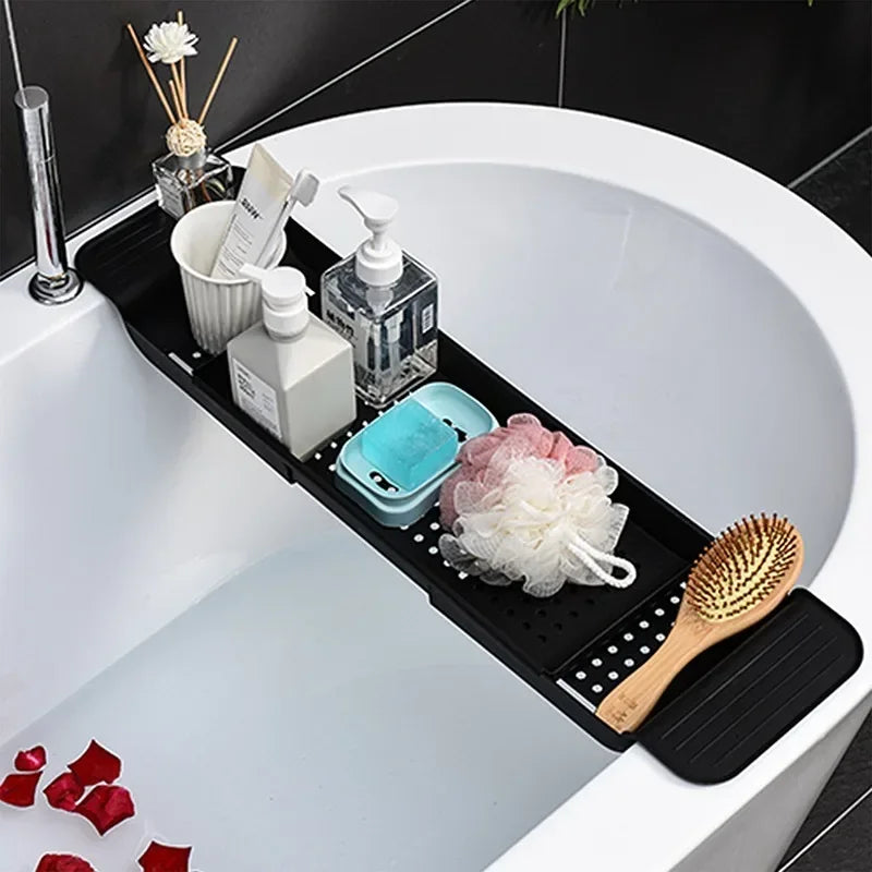 Multi-Function Bathtub Accessories: Retractable Bath Shelf, Tub Storage Rack, Towel Organizer for Bathroom