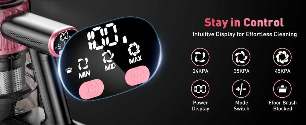 Cordless Vacuum Cleaner, 10 in 1 40Kpa/500W/45mins Powerful Stick Vacuum Cleaner for Home Pet Hair/Hard Floor/Carpet, Pink