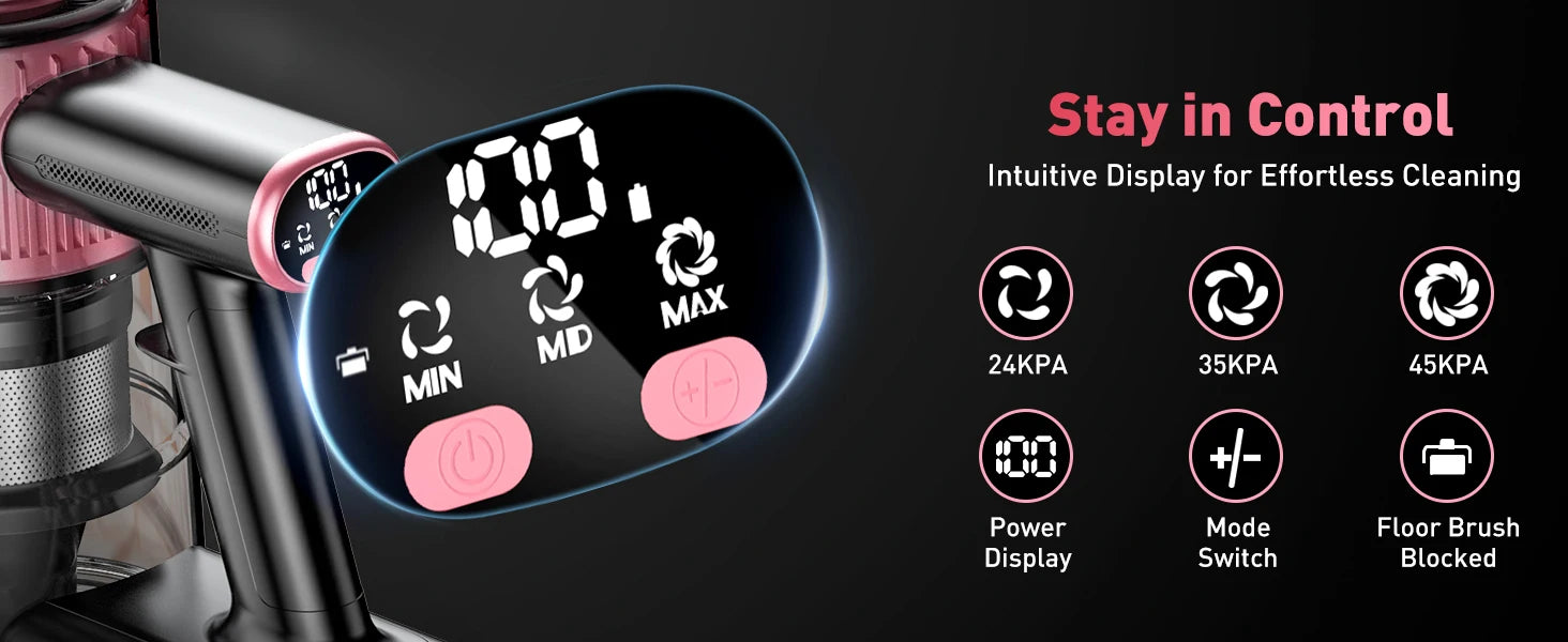 Cordless Vacuum Cleaner, 10 in 1 40Kpa/500W/45mins Powerful Stick Vacuum Cleaner for Home Pet Hair/Hard Floor/Carpet, Pink