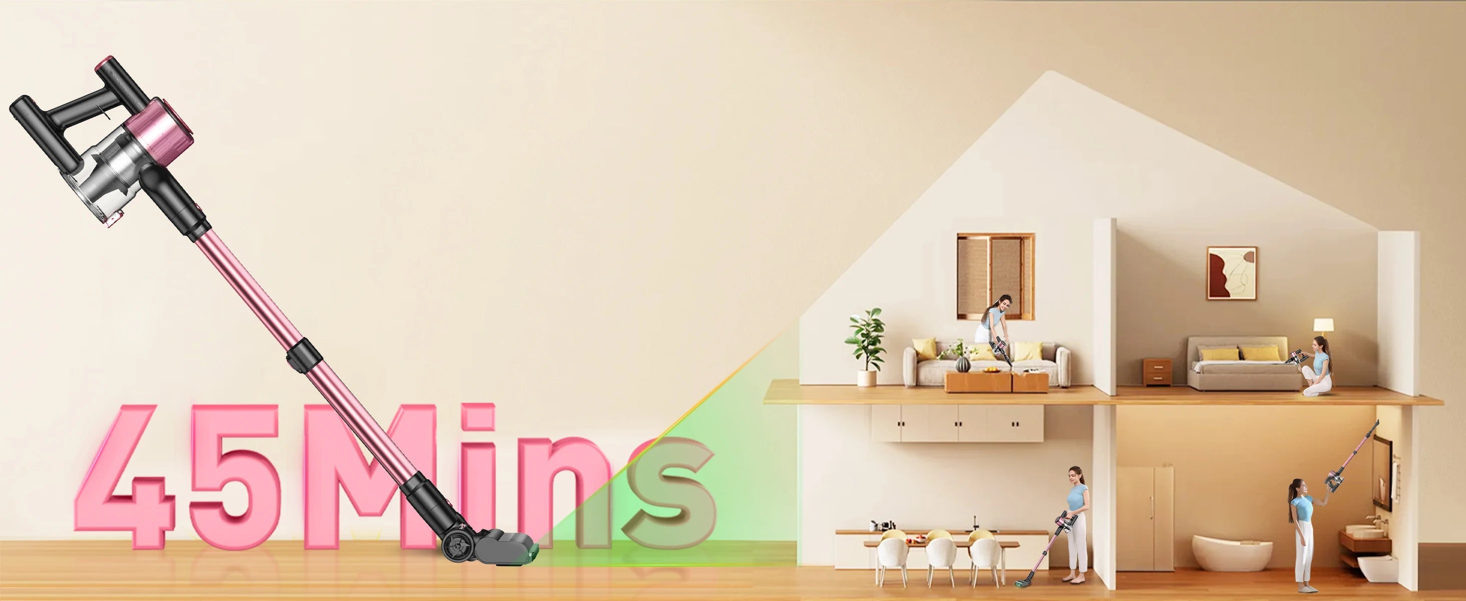 Cordless Vacuum Cleaner, 10 in 1 40Kpa/500W/45mins Powerful Stick Vacuum Cleaner for Home Pet Hair/Hard Floor/Carpet, Pink