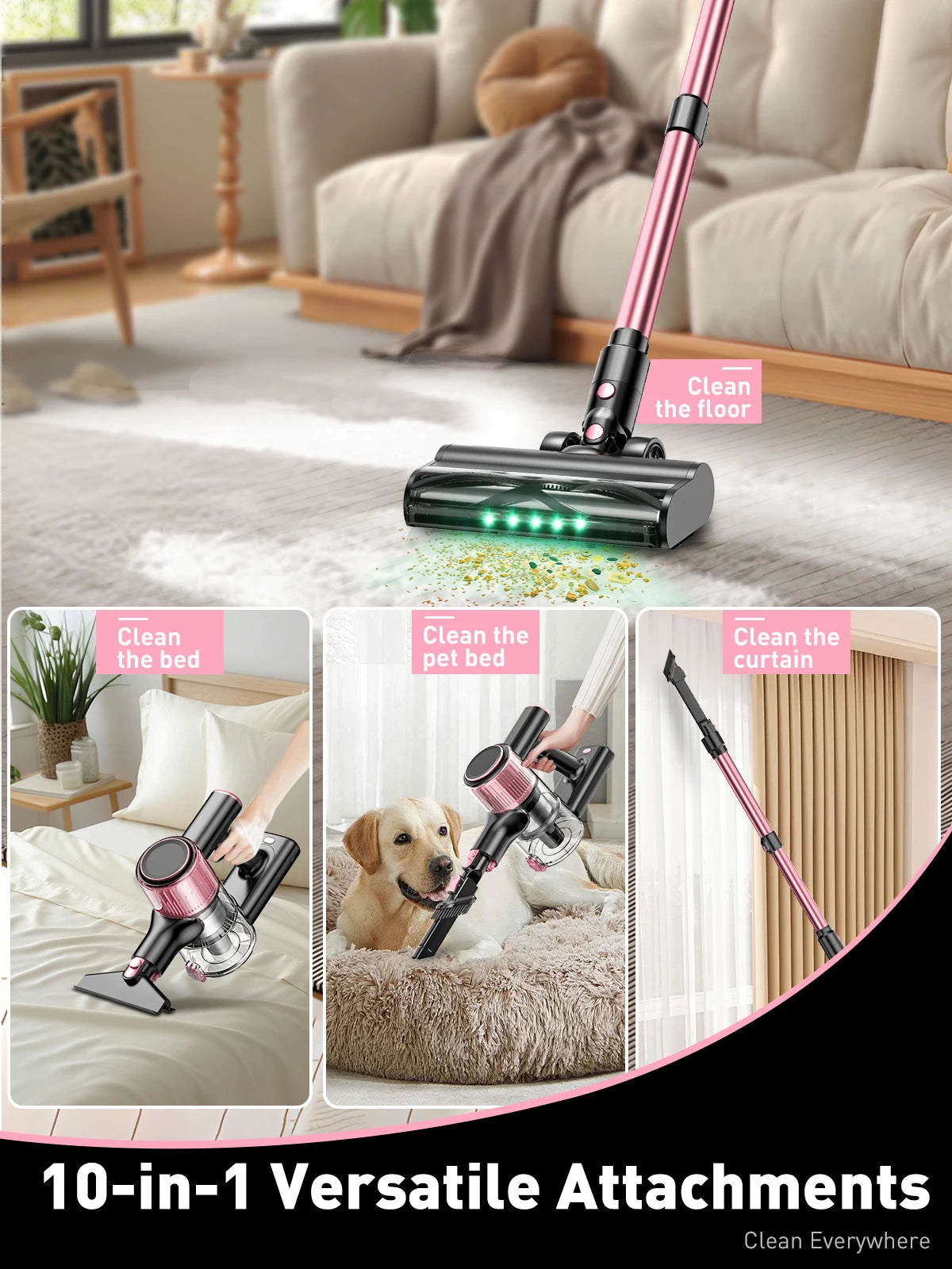 Cordless Vacuum Cleaner, 10 in 1 40Kpa/500W/45mins Powerful Stick Vacuum Cleaner for Home Pet Hair/Hard Floor/Carpet, Pink