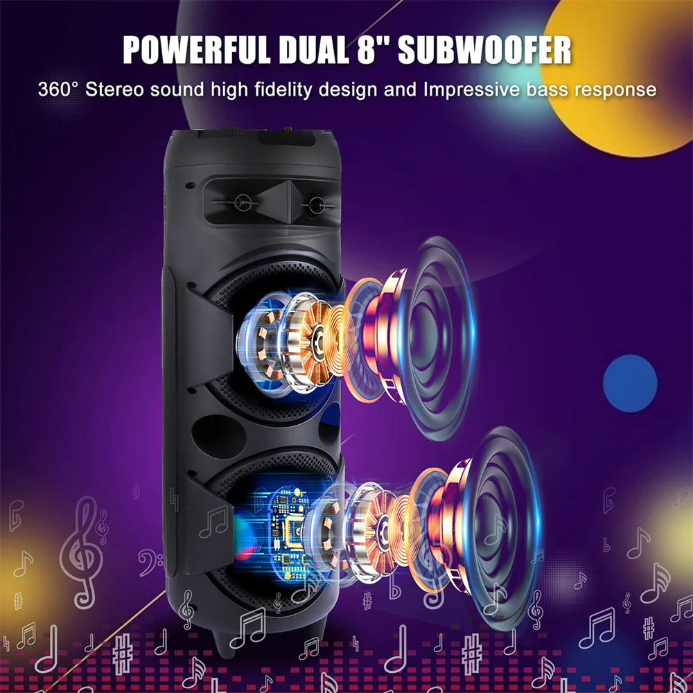 6000W Portable Bluetooth Speaker Dual 8" Subwoofer Heavy Bass Sound System Party with Microphone and Remote RGB Light