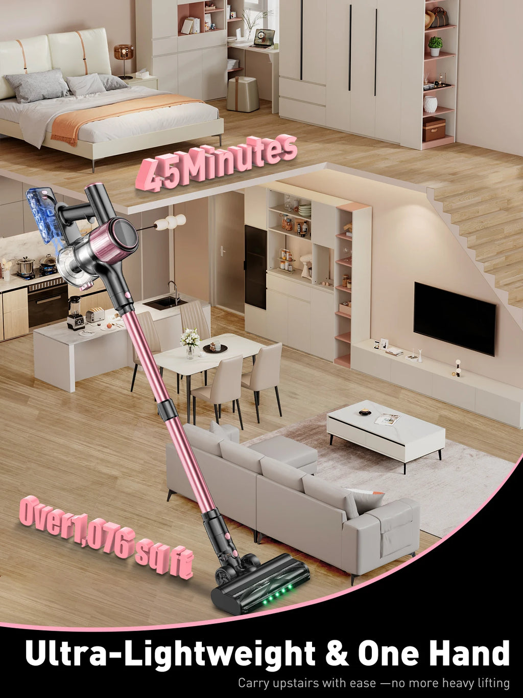 Cordless Vacuum Cleaner, 10 in 1 40Kpa/500W/45mins Powerful Stick Vacuum Cleaner for Home Pet Hair/Hard Floor/Carpet, Pink