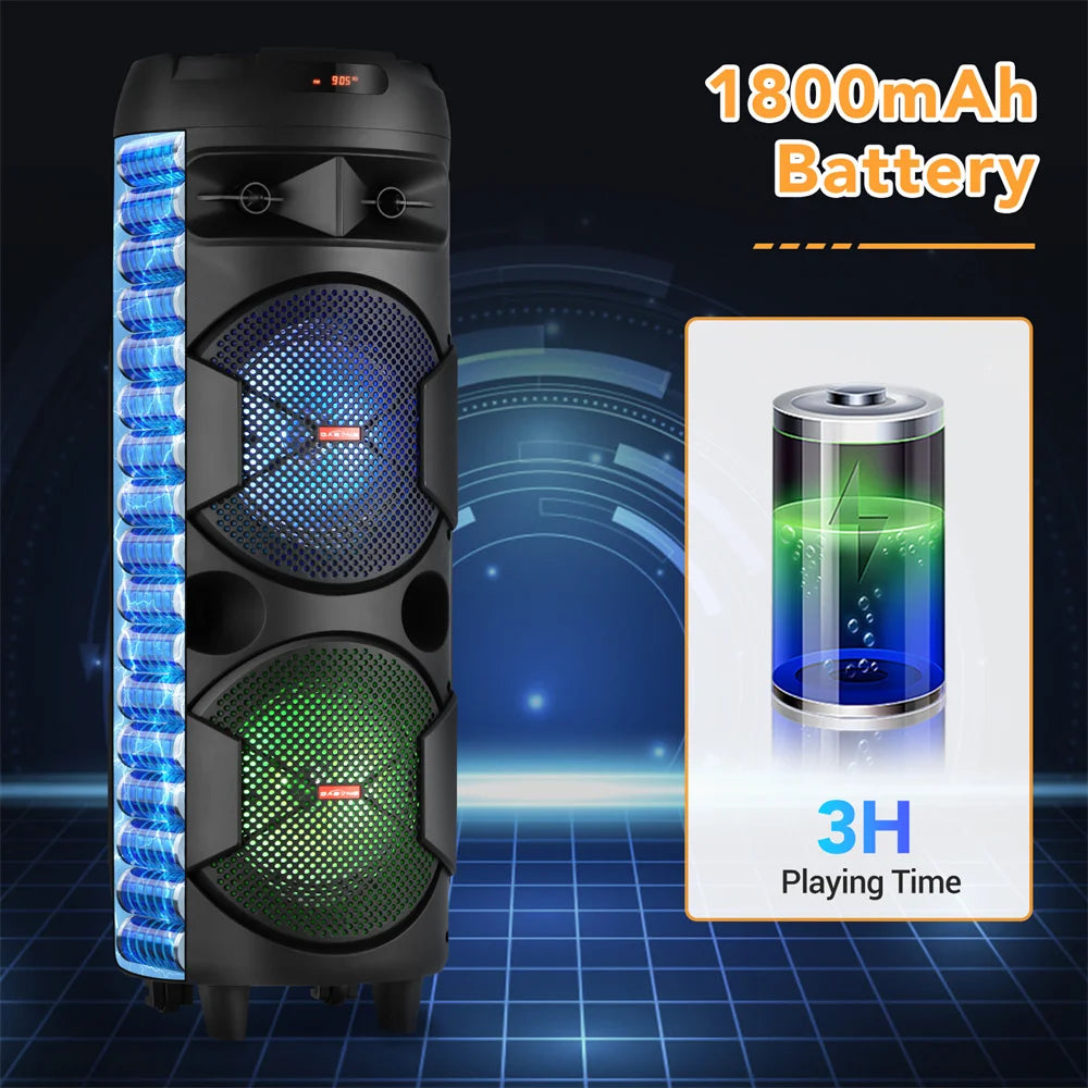 6000W Portable Bluetooth Speaker Dual 8" Subwoofer Heavy Bass Sound System Party with Microphone and Remote RGB Light
