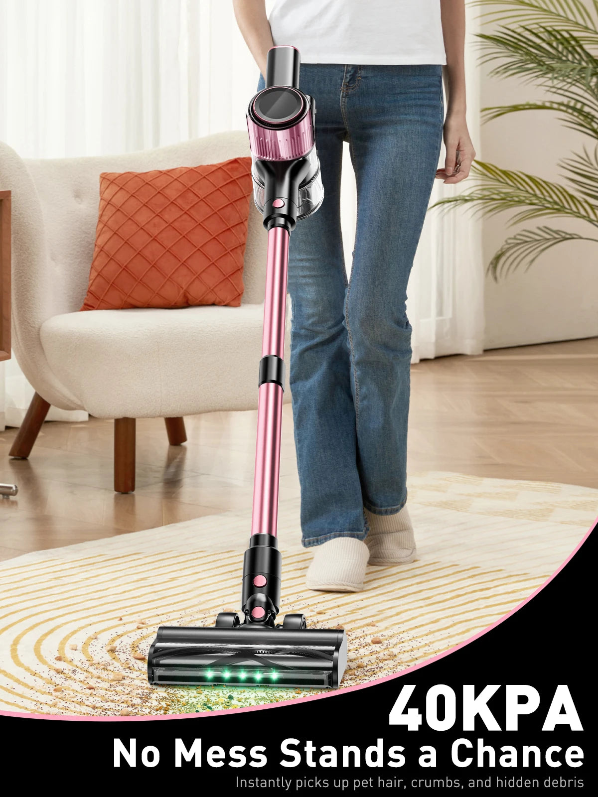 Cordless Vacuum Cleaner, 10 in 1 40Kpa/500W/45mins Powerful Stick Vacuum Cleaner for Home Pet Hair/Hard Floor/Carpet, Pink